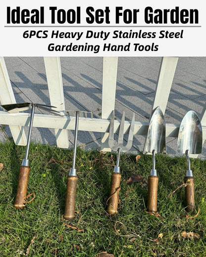 Garden Tool Set, 6PCS Heavy Duty Stainless Steel Gardening Hand Tools with Ropes, Includes Hand Cultivator Shovel Trowel Transplanter 2-in-1 Hoe Pruner, Ideal Gardening Gifts for Women Men (Upgrade)