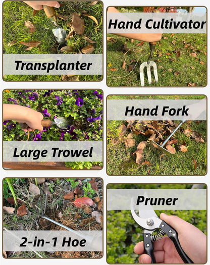 Garden Tool Set, 6PCS Heavy Duty Stainless Steel Gardening Hand Tools with Ropes, Includes Hand Cultivator Shovel Trowel Transplanter 2-in-1 Hoe Pruner, Ideal Gardening Gifts for Women Men (Upgrade)