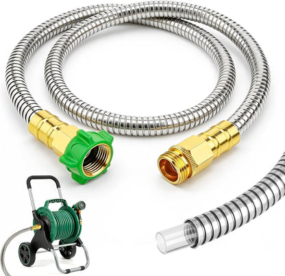 Short Garden Hose with Female to Male Metal Connector 3FT, 304 Stainless Steel Leader Hose for Hose Reel, Flexible & Kink-Free, Lightweight, No Leak Outdoor Water Pipe Extension Adapter