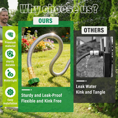 Short Garden Hose with Female to Male Metal Connector 3FT, 304 Stainless Steel Leader Hose for Hose Reel, Flexible & Kink-Free, Lightweight, No Leak Outdoor Water Pipe Extension Adapter