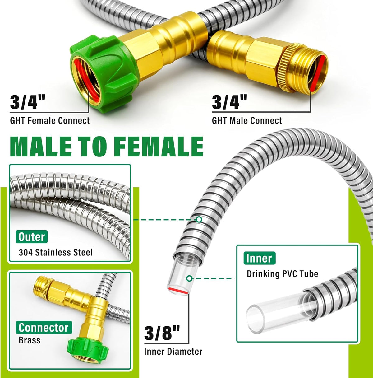 Short Garden Hose with Female to Male Metal Connector 3FT, 304 Stainless Steel Leader Hose for Hose Reel, Flexible & Kink-Free, Lightweight, No Leak Outdoor Water Pipe Extension Adapter