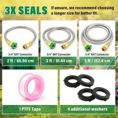Short Garden Hose with Female to Male Metal Connector 3FT, 304 Stainless Steel Leader Hose for Hose Reel, Flexible & Kink-Free, Lightweight, No Leak Outdoor Water Pipe Extension Adapter