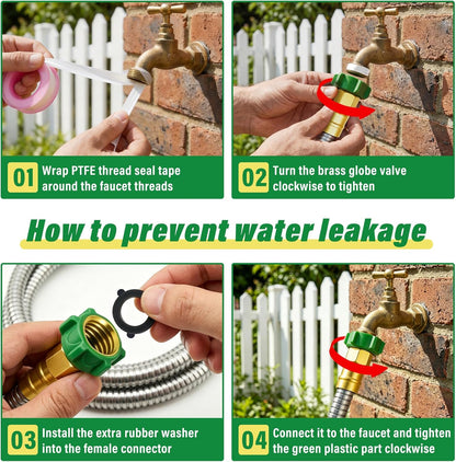 Short Garden Hose with Female to Male Metal Connector 3FT, 304 Stainless Steel Leader Hose for Hose Reel, Flexible & Kink-Free, Lightweight, No Leak Outdoor Water Pipe Extension Adapter