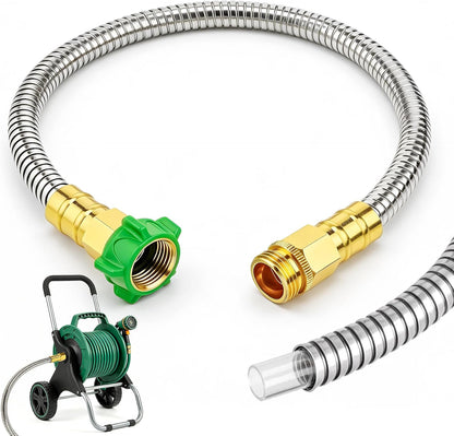Short Garden Hose with Female to Male Metal Connector 3FT, 304 Stainless Steel Leader Hose for Hose Reel, Flexible & Kink-Free, Lightweight, No Leak Outdoor Water Pipe Extension Adapter