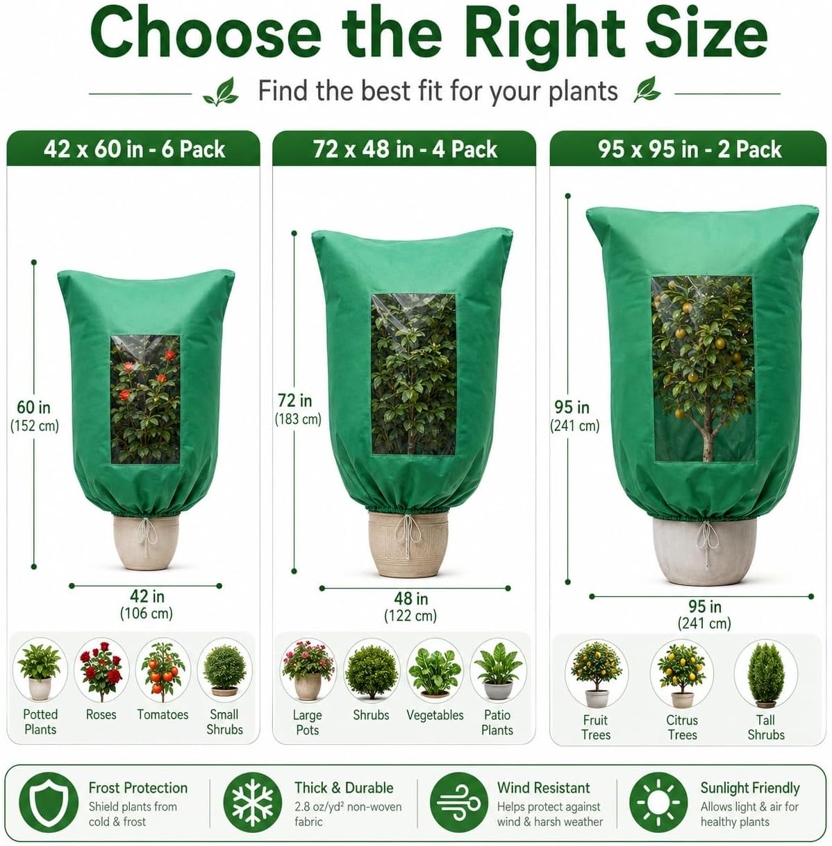 2 Pack 95"x95" Plant Covers with Zipper and Drawstring