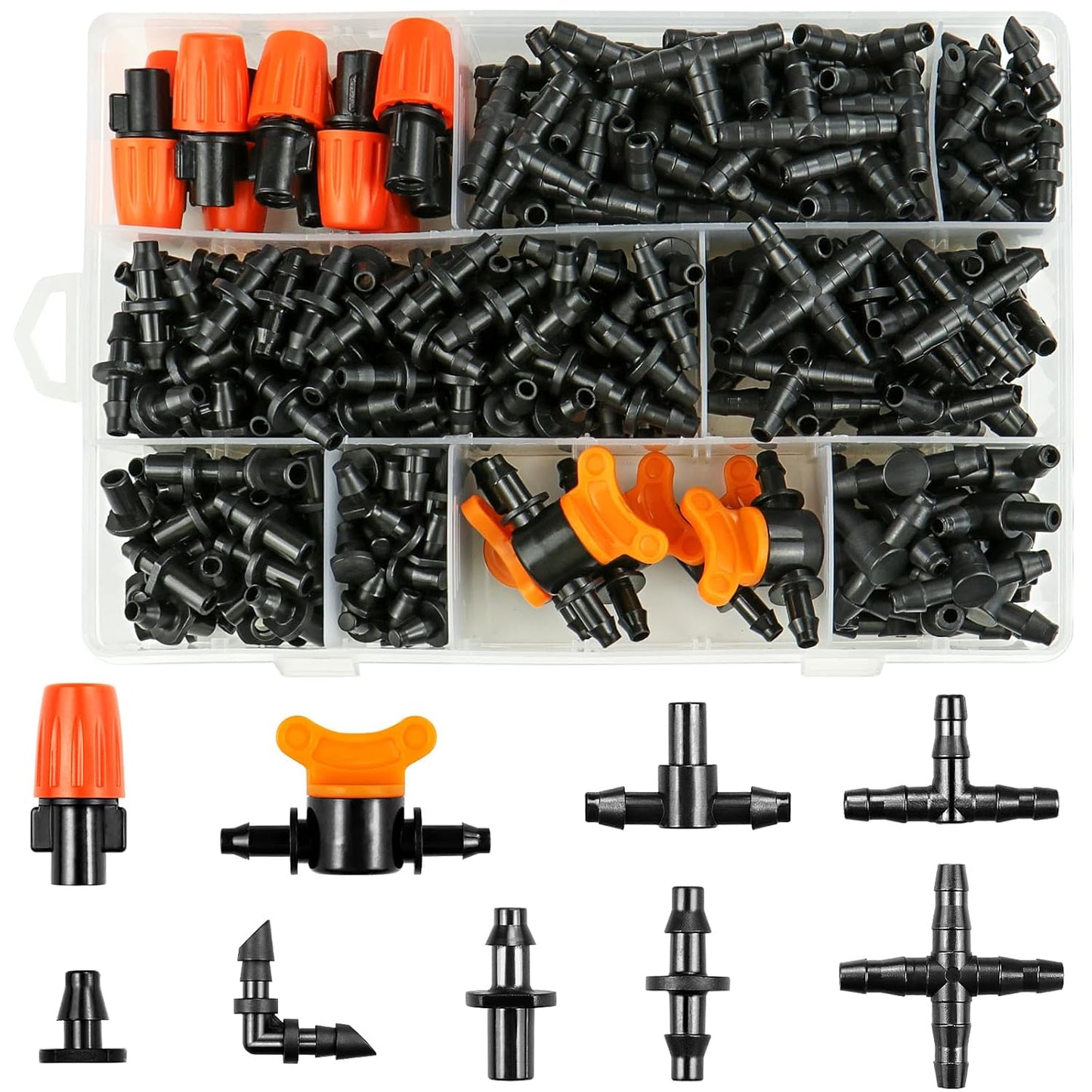 280 Pcs Drip Irrigation Fittings Kit for 1/4" Tubing： 1/4 Inch Drip System Barbed Connectors (Nozzles, Nozzle Tees, Valves, Single Barbs, Couplings, Tees, Elbows, Plugs, Crosses)