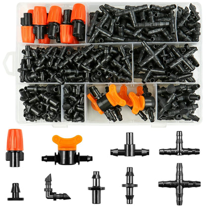 280 Pcs Drip Irrigation Fittings Kit for 1/4" Tubing： 1/4 Inch Drip System Barbed Connectors (Nozzles, Nozzle Tees, Valves, Single Barbs, Couplings, Tees, Elbows, Plugs, Crosses)