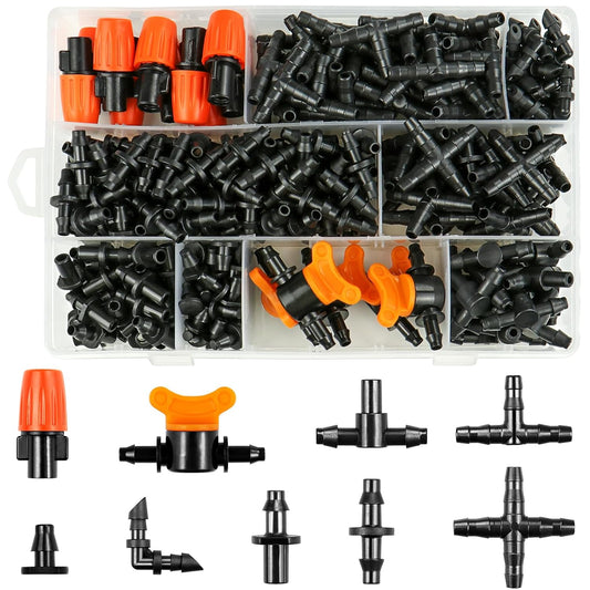 280 Pcs Drip Irrigation Fittings Kit for 1/4" Tubing： 1/4 Inch Drip System Barbed Connectors (Nozzles, Nozzle Tees, Valves, Single Barbs, Couplings, Tees, Elbows, Plugs, Crosses)