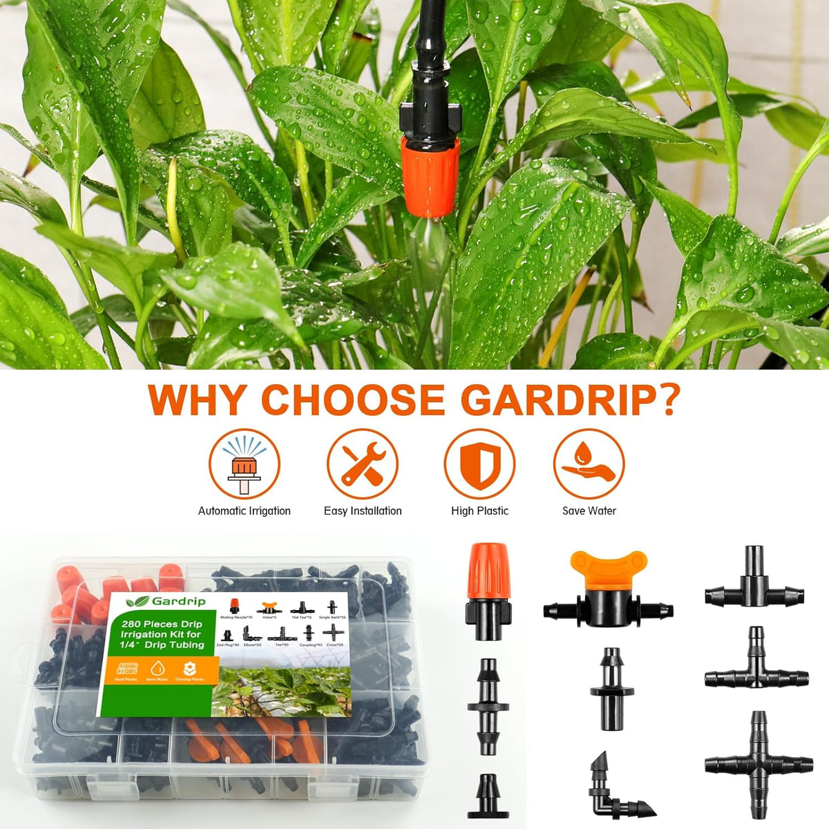 280 Pcs Drip Irrigation Fittings Kit for 1/4" Tubing： 1/4 Inch Drip System Barbed Connectors (Nozzles, Nozzle Tees, Valves, Single Barbs, Couplings, Tees, Elbows, Plugs, Crosses)