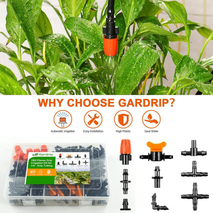 280 Pcs Drip Irrigation Fittings Kit for 1/4" Tubing： 1/4 Inch Drip System Barbed Connectors (Nozzles, Nozzle Tees, Valves, Single Barbs, Couplings, Tees, Elbows, Plugs, Crosses)
