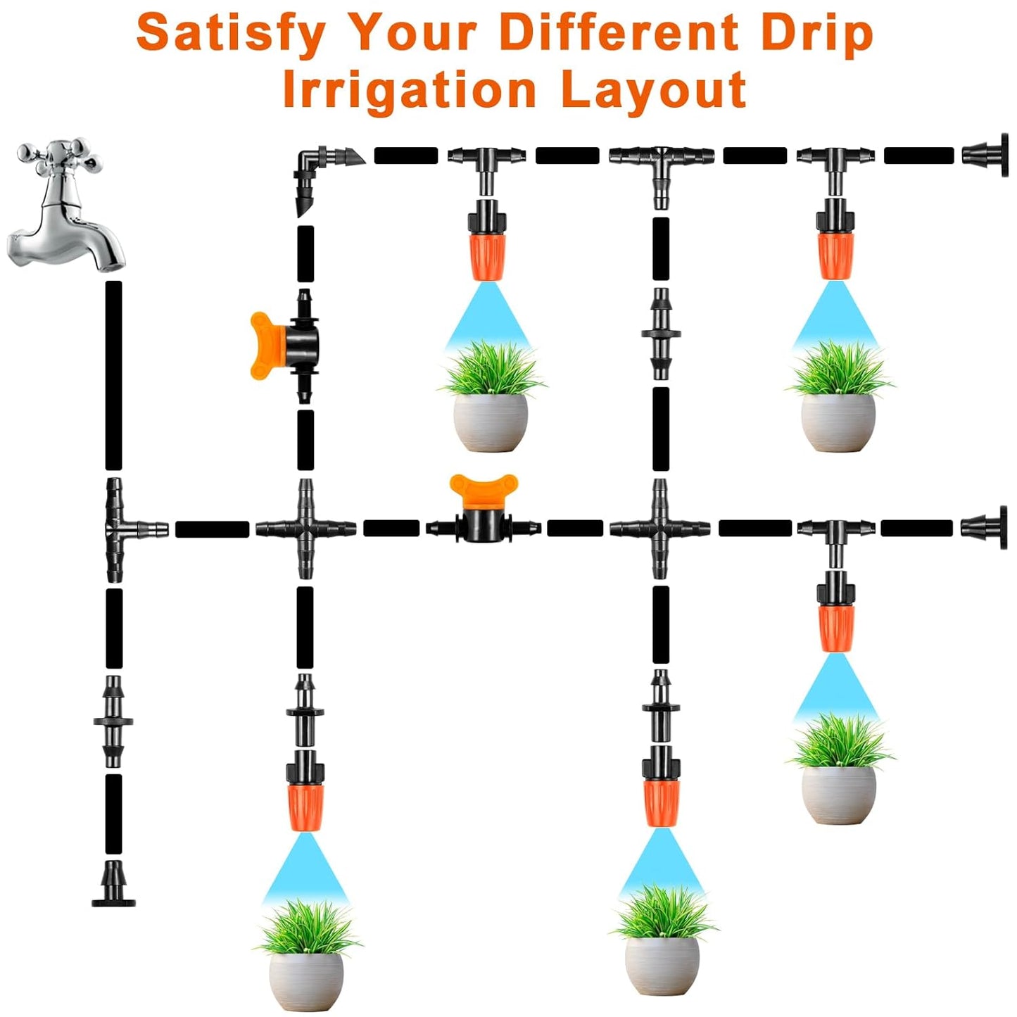 280 Pcs Drip Irrigation Fittings Kit for 1/4" Tubing： 1/4 Inch Drip System Barbed Connectors (Nozzles, Nozzle Tees, Valves, Single Barbs, Couplings, Tees, Elbows, Plugs, Crosses)