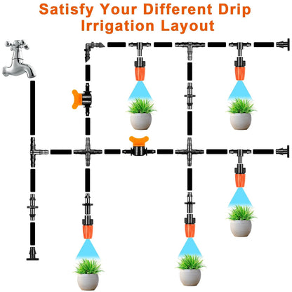 280 Pcs Drip Irrigation Fittings Kit for 1/4" Tubing： 1/4 Inch Drip System Barbed Connectors (Nozzles, Nozzle Tees, Valves, Single Barbs, Couplings, Tees, Elbows, Plugs, Crosses)