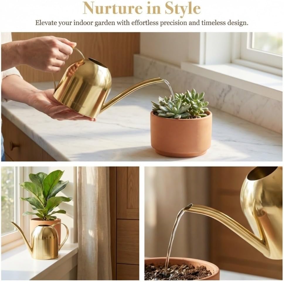 500ml Stainless Steel Watering Can Ergonomic Handle & Leak-Proof Design Long Spout Indoor Plant Pot for Home Garden(Rose Gold)