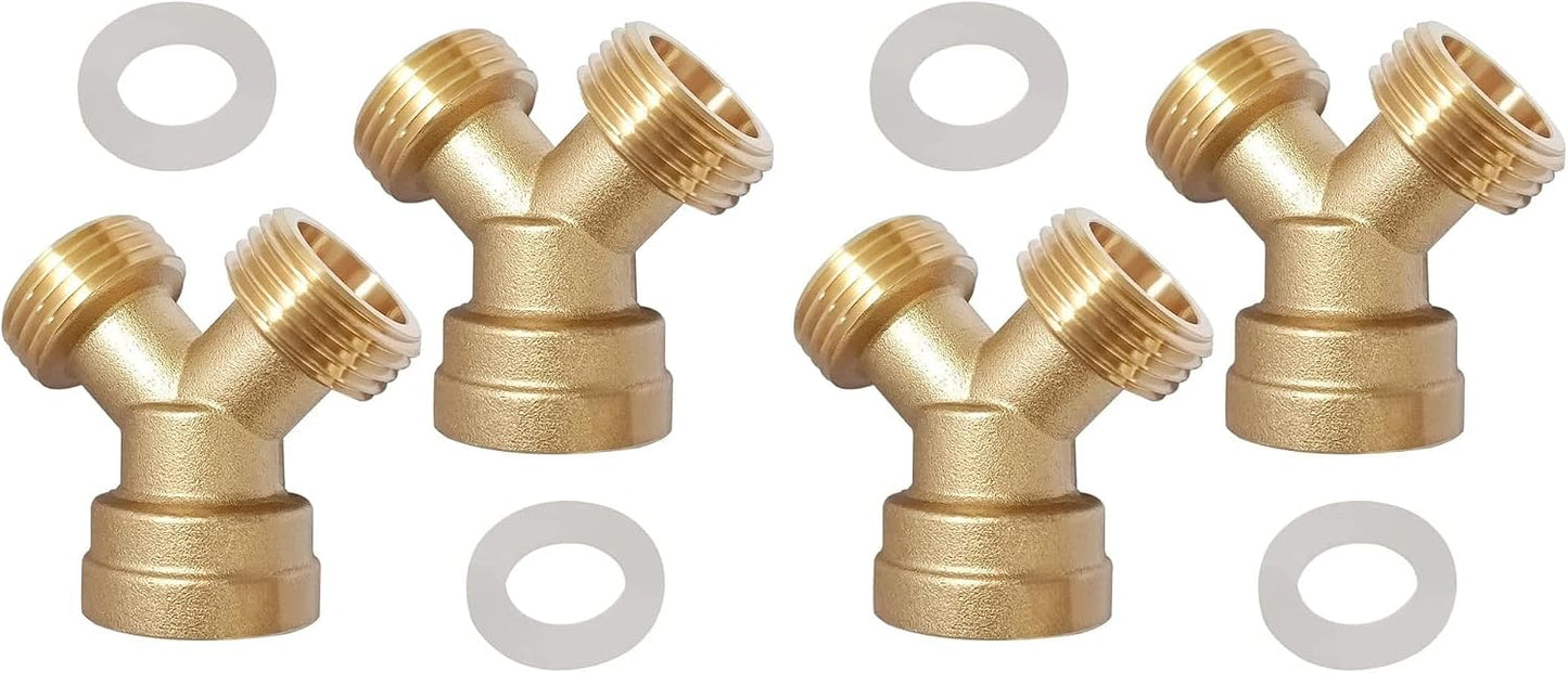 2PCS Brass 3/4" GHT Garden Hose Splitter Body Backyard 2 Way Y Shaped Connector Threaded Pipe Fitting Coupler Adapter with Washer