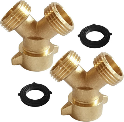 2PCS Brass 3/4" GHT Garden Hose Splitter Body Backyard 2 Way Y Shaped Connector Threaded Pipe Fitting Coupler Adapter with Washer