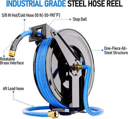 Retractable Garden Hose Reel with 5/8" 50ft Hot/Cold Water Pipe