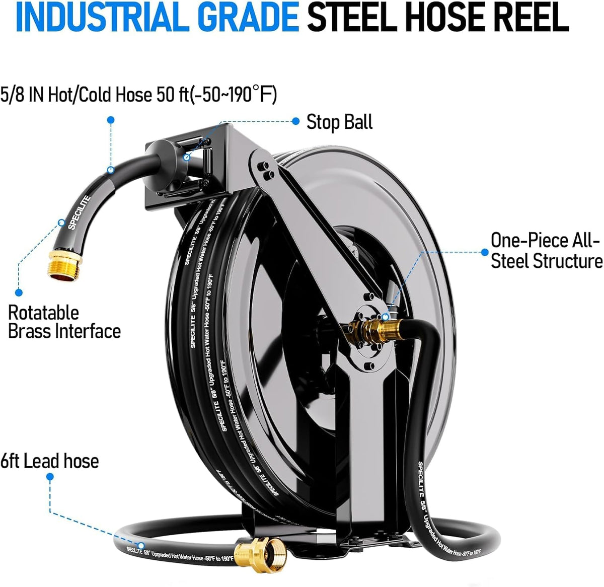 Retractable Garden Hose Reel with 5/8" 50ft Hot/Cold Water Pipe