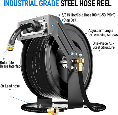 Retractable Garden Hose Reel with 5/8" 50ft Hot/Cold Water Pipe