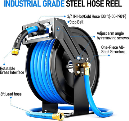 Retractable Garden Hose Reel with 5/8" 50ft Hot/Cold Water Pipe