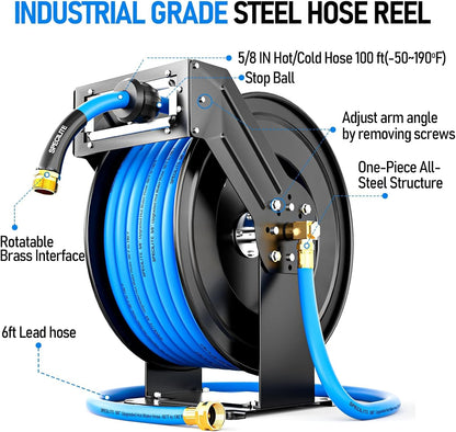 Retractable Garden Hose Reel with 5/8" 50ft Hot/Cold Water Pipe