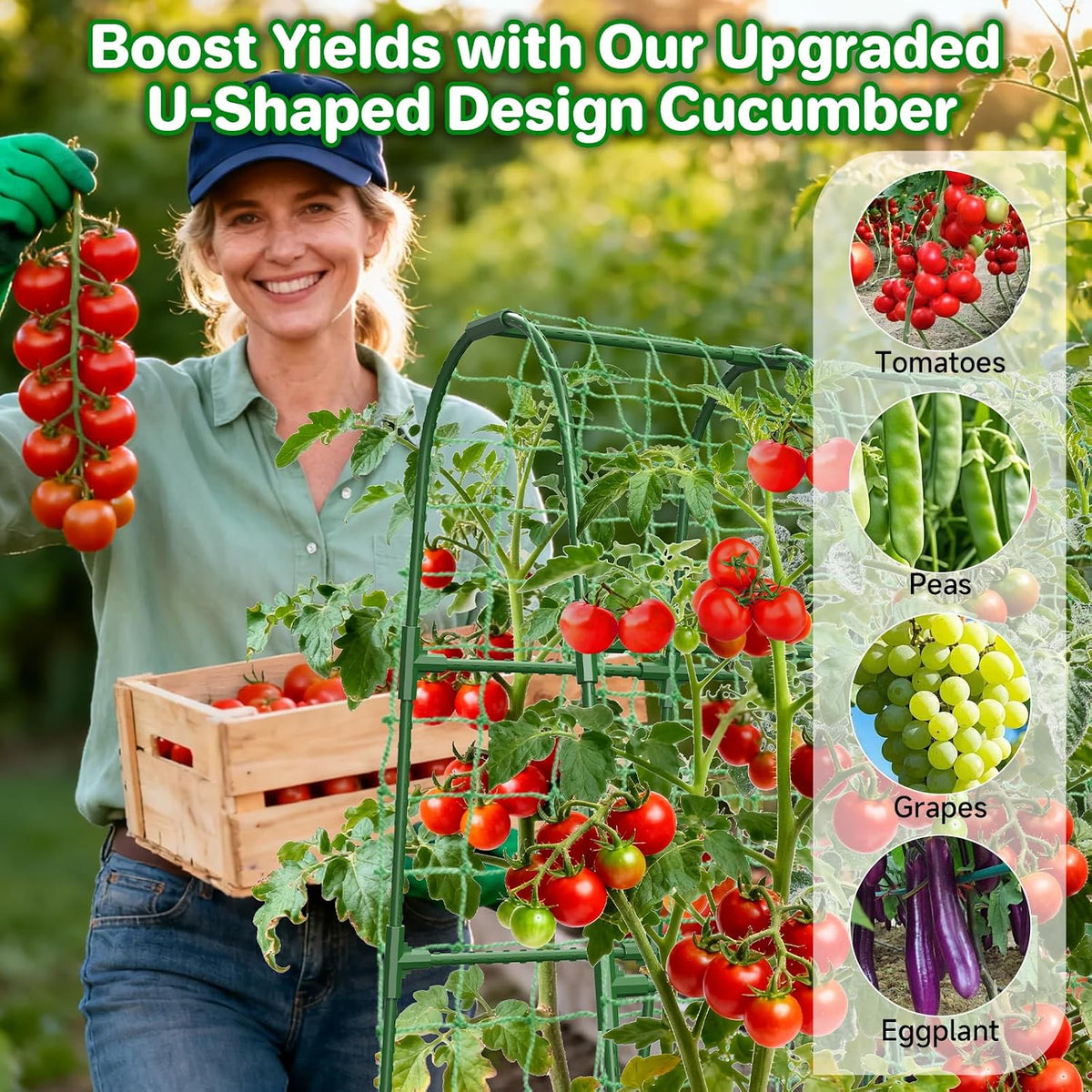 Cucumber Trellis for Raised Bed, U-Shape Garden Trellis for Climbing Plants Outdoor, Metal Arch Trellis for Vegetables, Plant Support for Tomato, Pea, Zucchini (47.2" L×30" W×47.2" H-Medium)