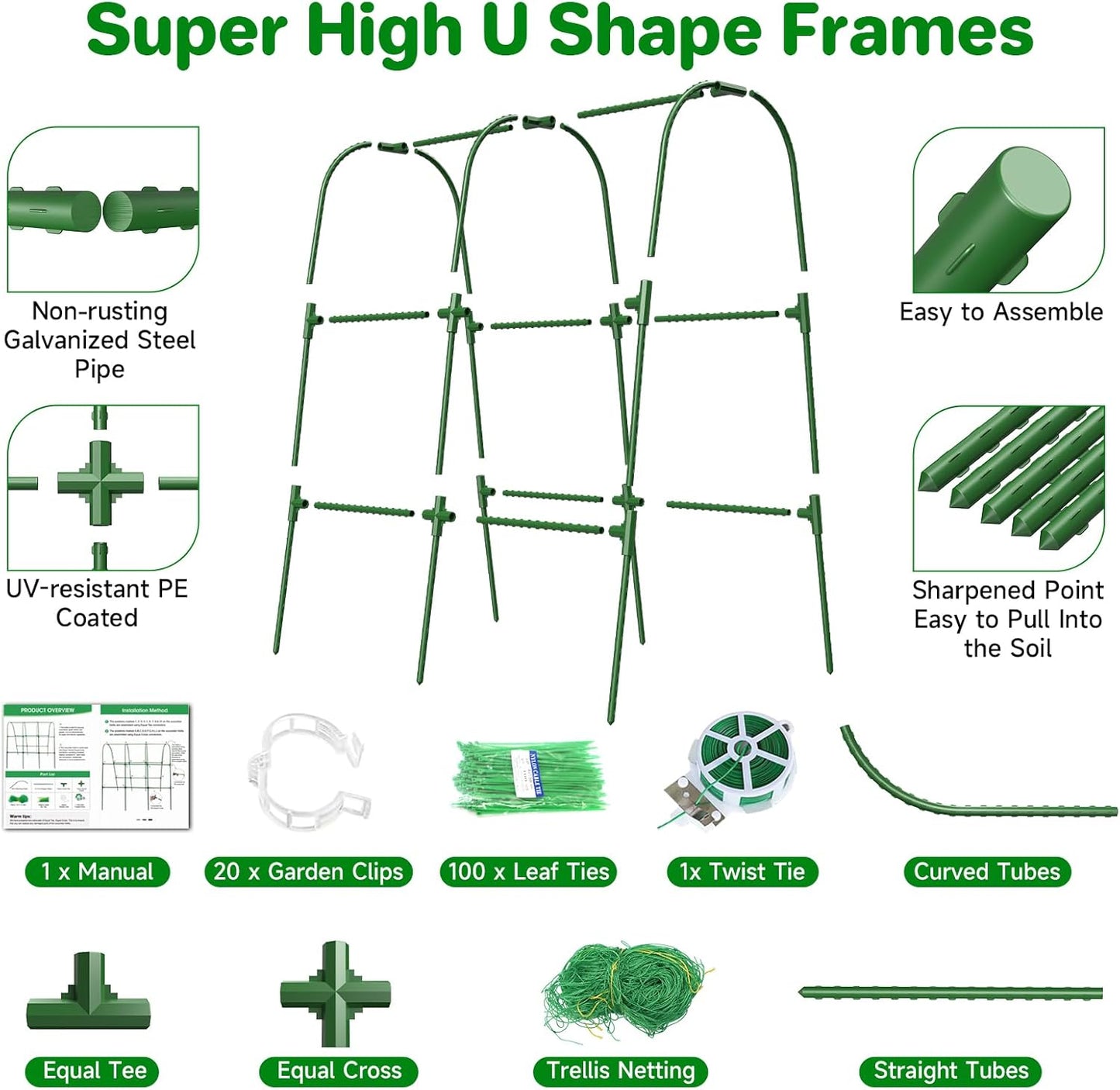 Cucumber Trellis for Raised Bed, U-Shape Garden Trellis for Climbing Plants Outdoor, Metal Arch Trellis for Vegetables, Plant Support for Tomato, Pea, Zucchini (47.2" L×30" W×47.2" H-Medium)