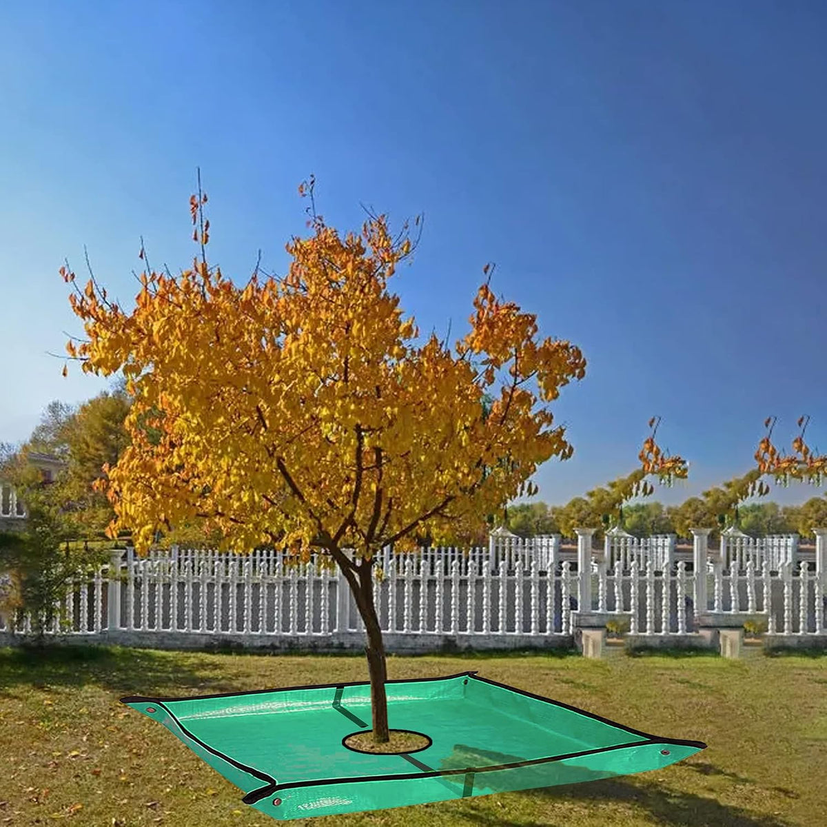 Landscape Pruning Tarp, 78.7“X78.7” Landscape Tarp for Trimming with 12 inch Hole, Pruning Trees Waterproof Tarp, with Corner Buckles, can Stand Up Fasten Around Trees and Shrubs