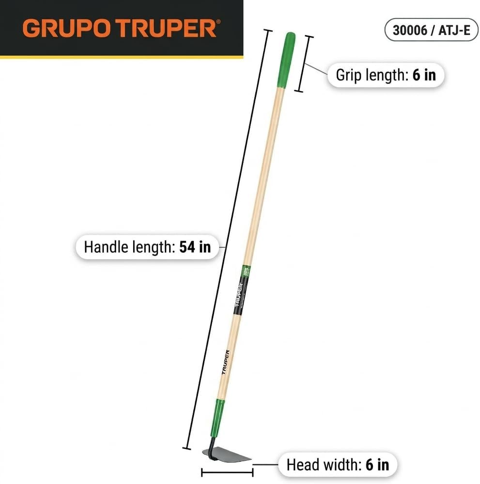 TruTough Meadow Hoe, 6-Inch Steel Head, 54 in Wood Handle with 6-Inch Grip, Heavy-Duty Garden Hoe for Weeding & Soil Cultivation (Model 30006)