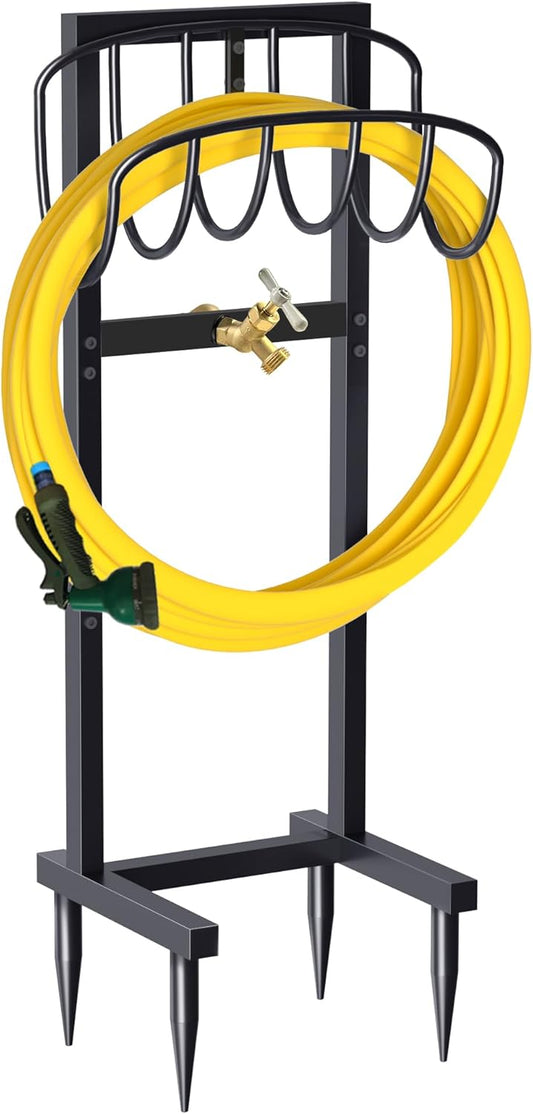 Outdoor Garden Hose Holder Freestanding with Brass Faucet And 4 Spikes, Heavy Duty Metal Water Hose Reel Stand Hanger Rack Organizer Holds Storage 150ft Hose for Outside Yard Lawn, Black