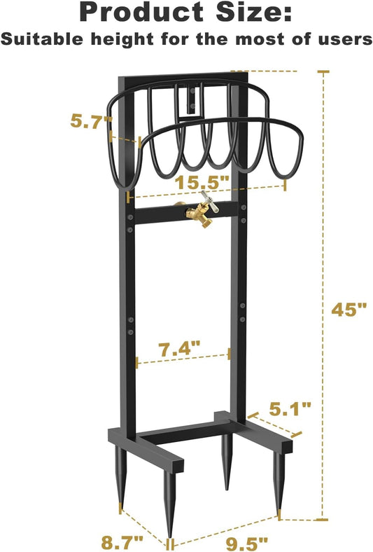 Outdoor Garden Hose Holder Freestanding with Brass Faucet And 4 Spikes, Heavy Duty Metal Water Hose Reel Stand Hanger Rack Organizer Holds Storage 150ft Hose for Outside Yard Lawn, Black