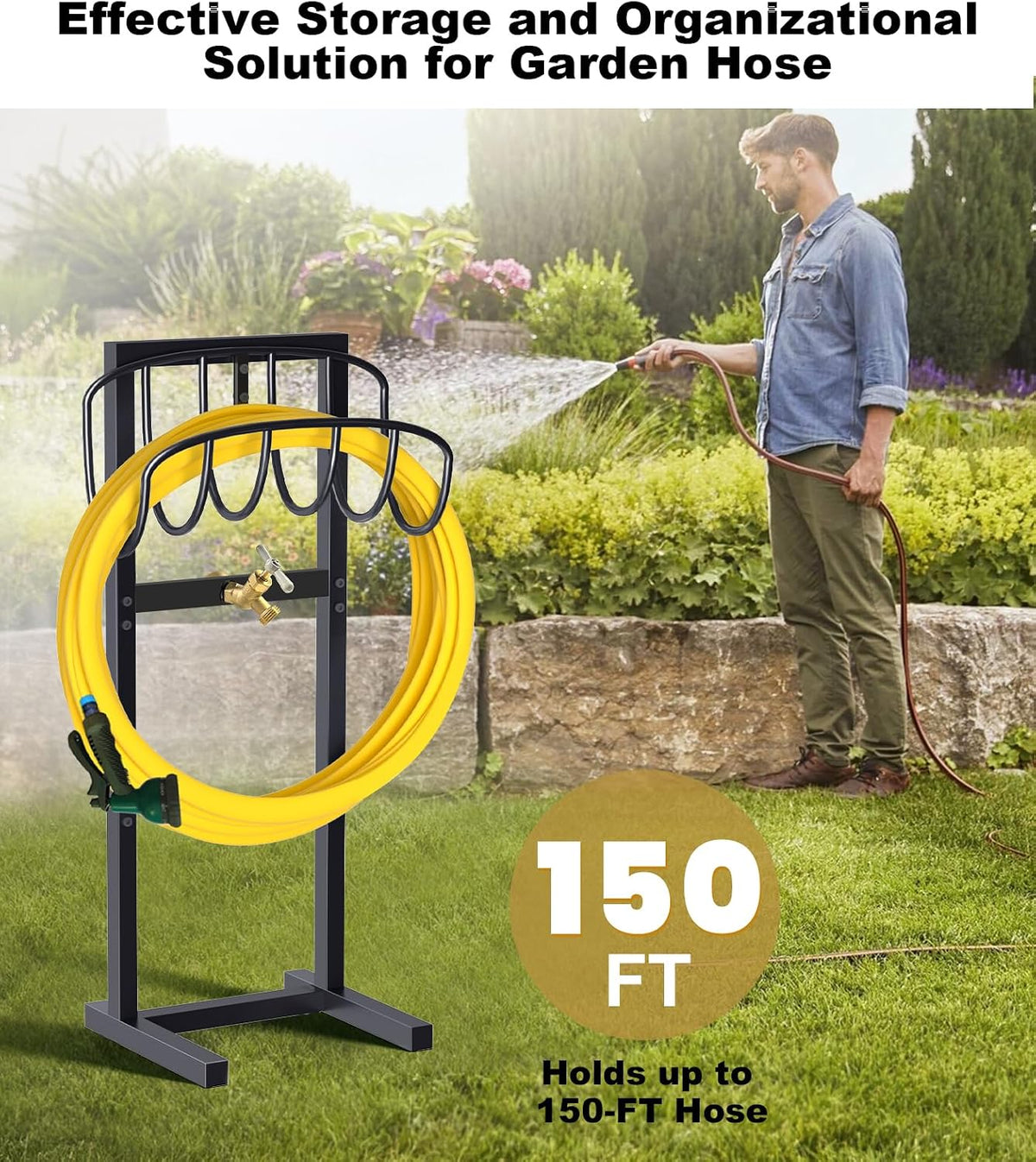 Outdoor Garden Hose Holder Freestanding with Brass Faucet And 4 Spikes, Heavy Duty Metal Water Hose Reel Stand Hanger Rack Organizer Holds Storage 150ft Hose for Outside Yard Lawn, Black