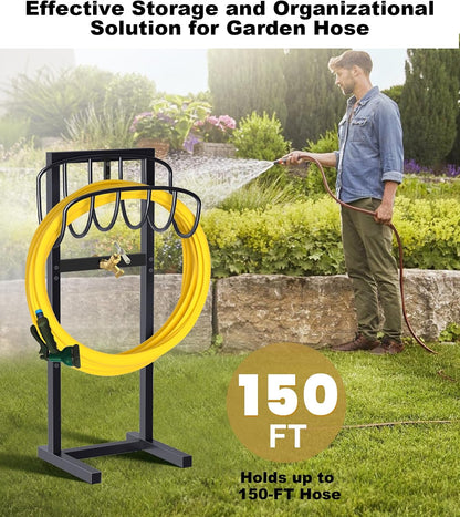 Outdoor Garden Hose Holder Freestanding with Brass Faucet And 4 Spikes, Heavy Duty Metal Water Hose Reel Stand Hanger Rack Organizer Holds Storage 150ft Hose for Outside Yard Lawn, Black