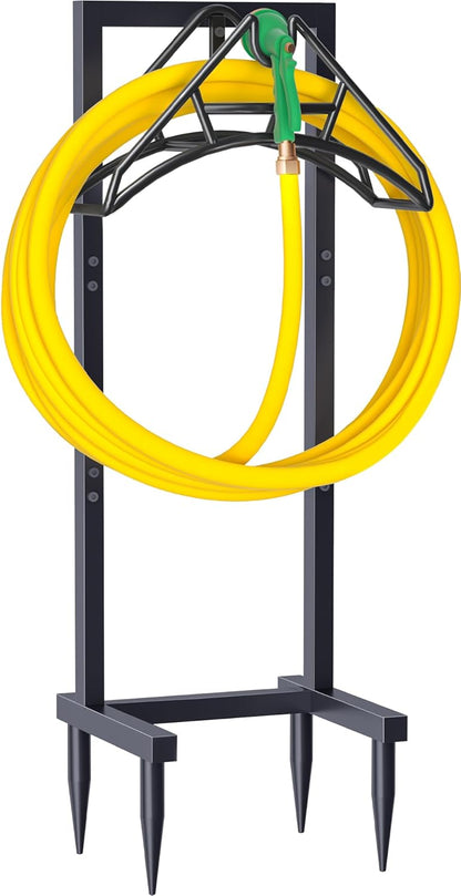 Outdoor Garden Hose Holder Freestanding with Brass Faucet And 4 Spikes, Heavy Duty Metal Water Hose Reel Stand Hanger Rack Organizer Holds Storage 150ft Hose for Outside Yard Lawn, Black