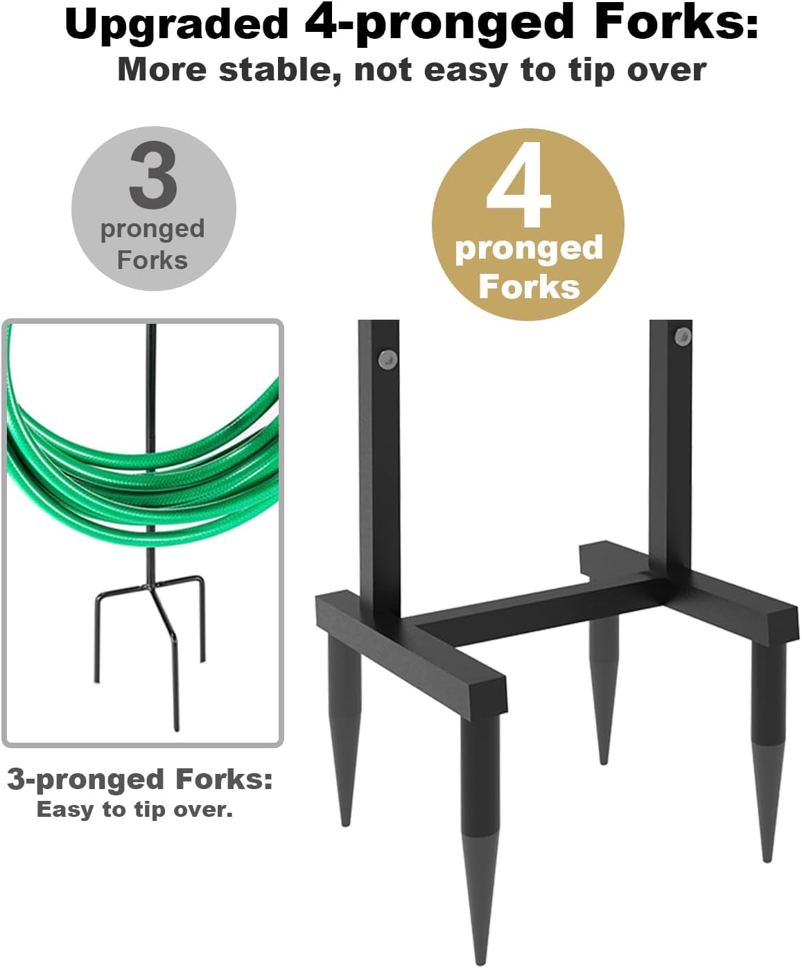 Outdoor Garden Hose Holder Freestanding with Brass Faucet And 4 Spikes, Heavy Duty Metal Water Hose Reel Stand Hanger Rack Organizer Holds Storage 150ft Hose for Outside Yard Lawn, Black