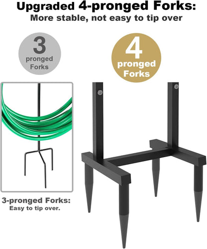Outdoor Garden Hose Holder Freestanding with Brass Faucet And 4 Spikes, Heavy Duty Metal Water Hose Reel Stand Hanger Rack Organizer Holds Storage 150ft Hose for Outside Yard Lawn, Black