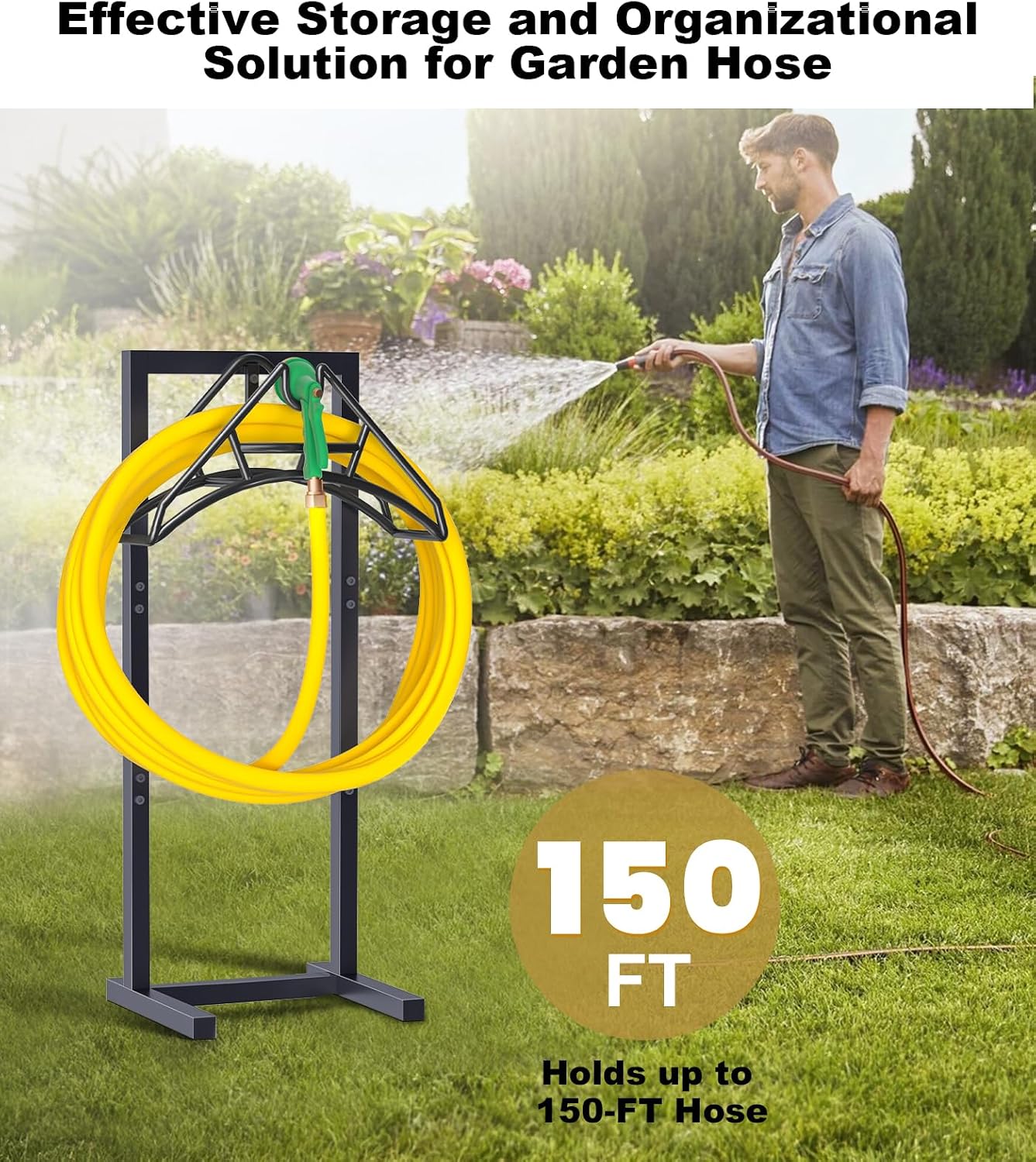 Outdoor Garden Hose Holder Freestanding with Brass Faucet And 4 Spikes, Heavy Duty Metal Water Hose Reel Stand Hanger Rack Organizer Holds Storage 150ft Hose for Outside Yard Lawn, Black