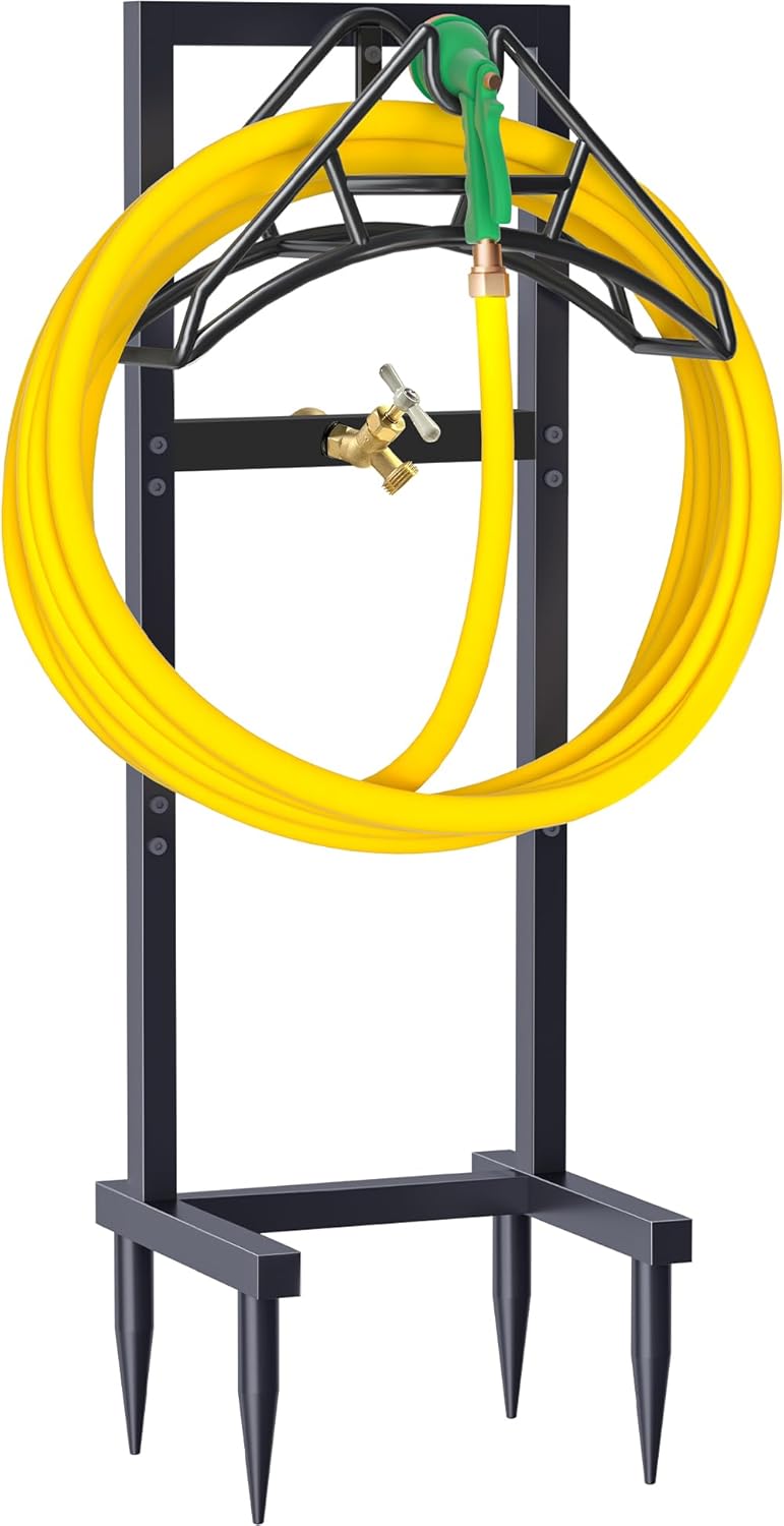 Outdoor Garden Hose Holder Freestanding with Brass Faucet And 4 Spikes, Heavy Duty Metal Water Hose Reel Stand Hanger Rack Organizer Holds Storage 150ft Hose for Outside Yard Lawn, Black