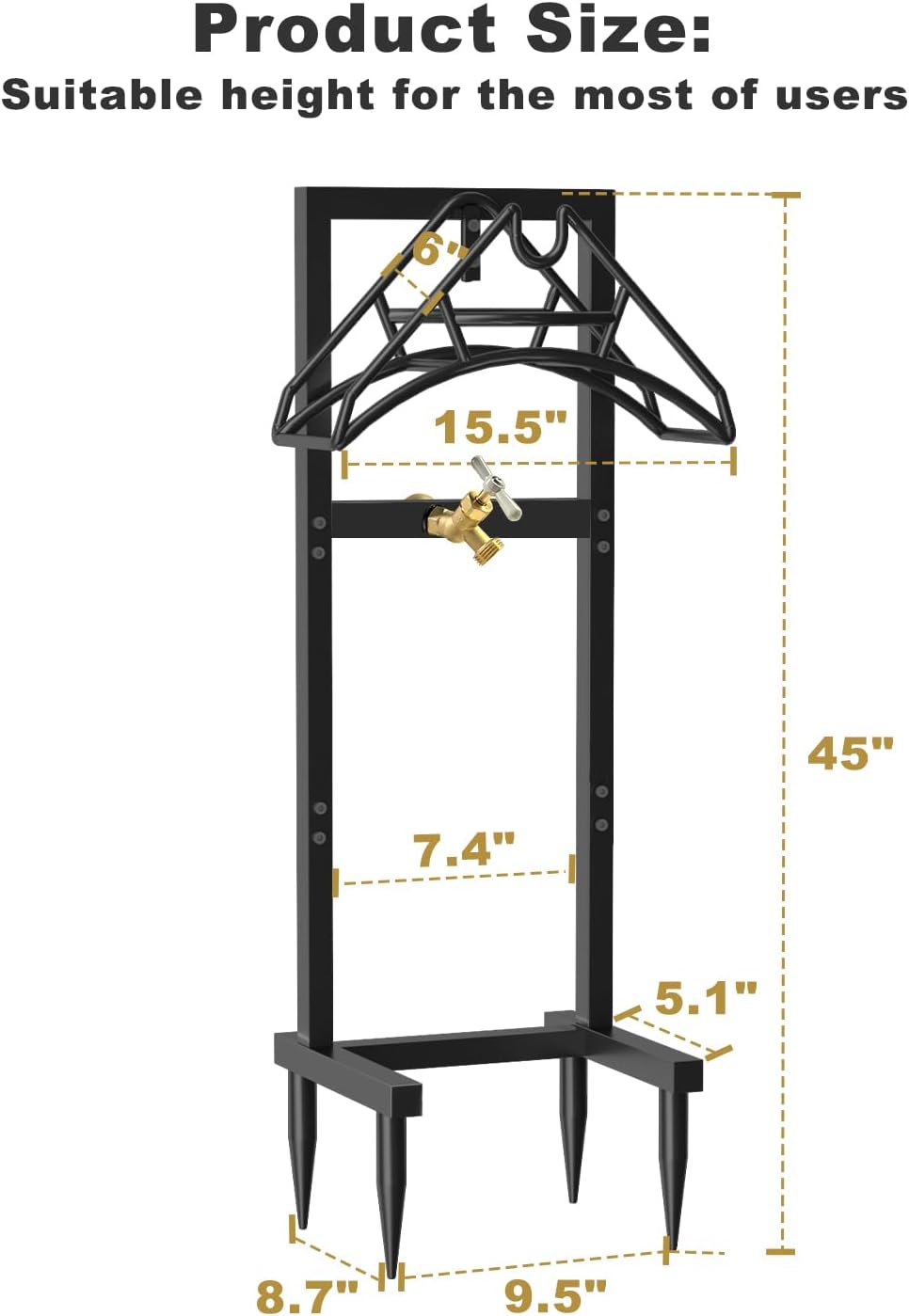 Outdoor Garden Hose Holder Freestanding with Brass Faucet And 4 Spikes, Heavy Duty Metal Water Hose Reel Stand Hanger Rack Organizer Holds Storage 150ft Hose for Outside Yard Lawn, Black