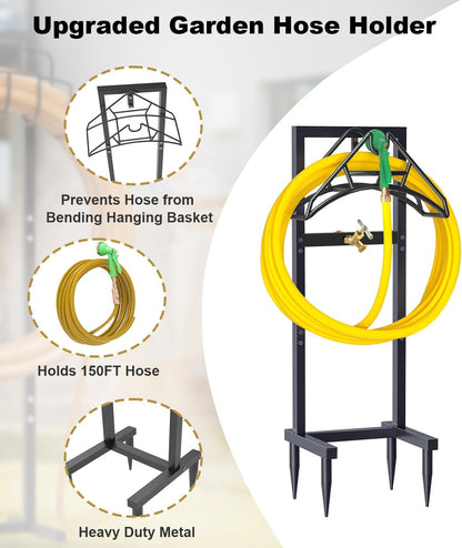 Outdoor Garden Hose Holder Freestanding with Brass Faucet And 4 Spikes, Heavy Duty Metal Water Hose Reel Stand Hanger Rack Organizer Holds Storage 150ft Hose for Outside Yard Lawn, Black