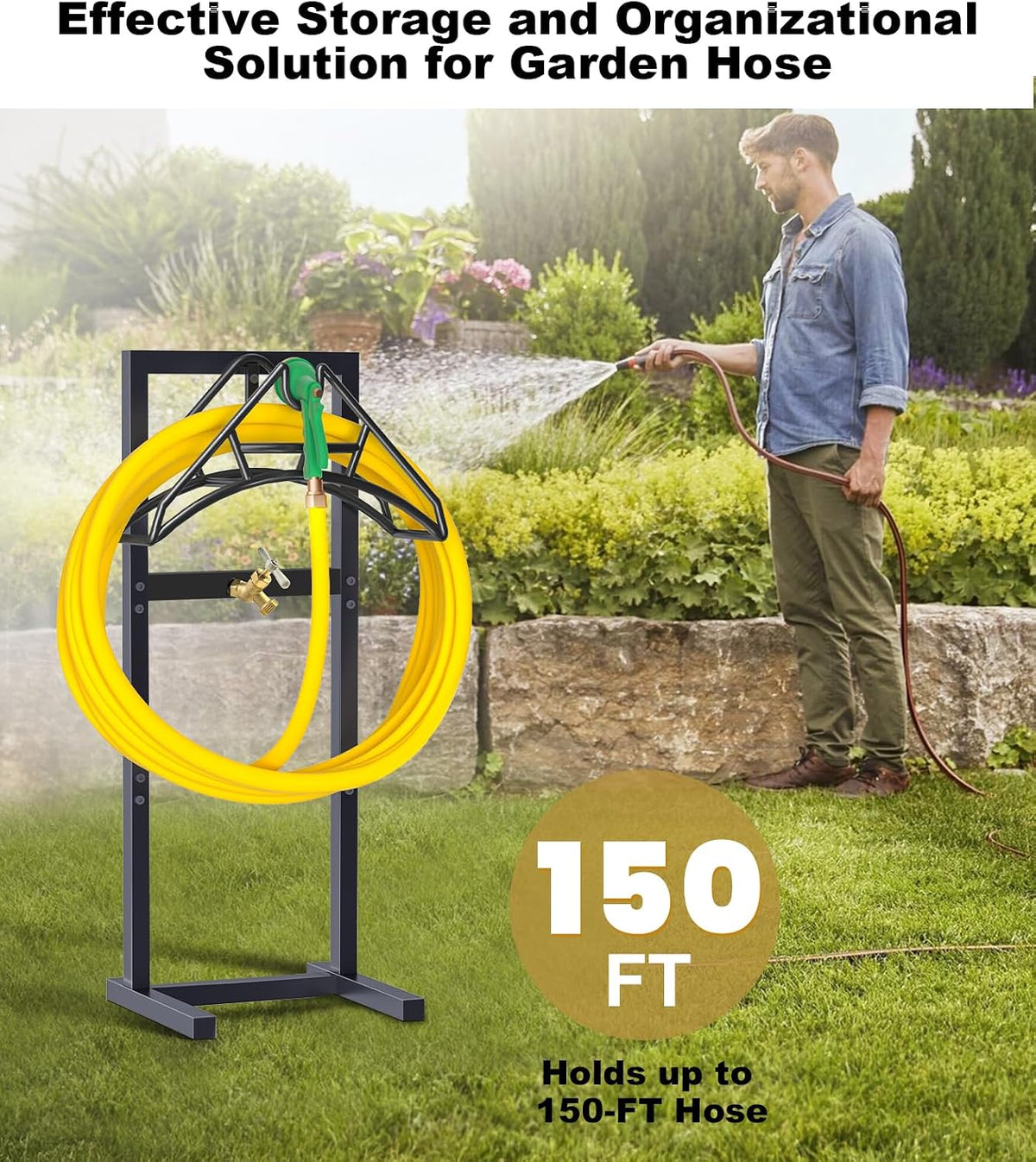 Outdoor Garden Hose Holder Freestanding with Brass Faucet And 4 Spikes, Heavy Duty Metal Water Hose Reel Stand Hanger Rack Organizer Holds Storage 150ft Hose for Outside Yard Lawn, Black