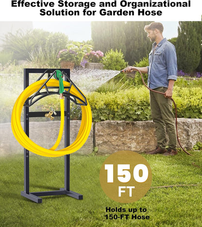 Outdoor Garden Hose Holder Freestanding with Brass Faucet And 4 Spikes, Heavy Duty Metal Water Hose Reel Stand Hanger Rack Organizer Holds Storage 150ft Hose for Outside Yard Lawn, Black