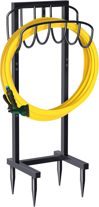 Outdoor Garden Hose Holder Freestanding with Brass Faucet And 4 Spikes, Heavy Duty Metal Water Hose Reel Stand Hanger Rack Organizer Holds Storage 150ft Hose for Outside Yard Lawn, Black