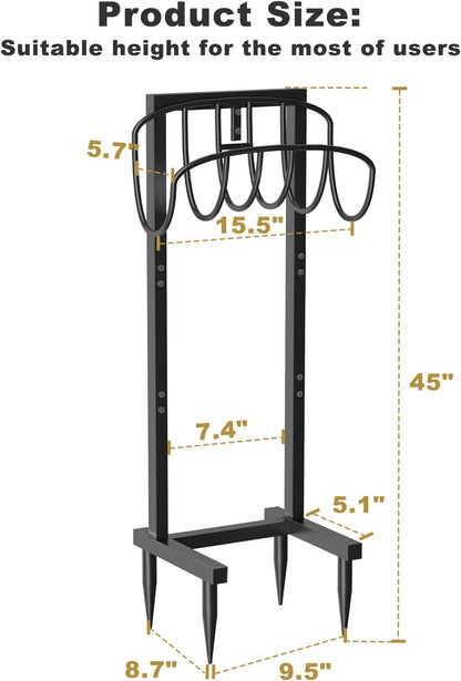 Outdoor Garden Hose Holder Freestanding with Brass Faucet And 4 Spikes, Heavy Duty Metal Water Hose Reel Stand Hanger Rack Organizer Holds Storage 150ft Hose for Outside Yard Lawn, Black
