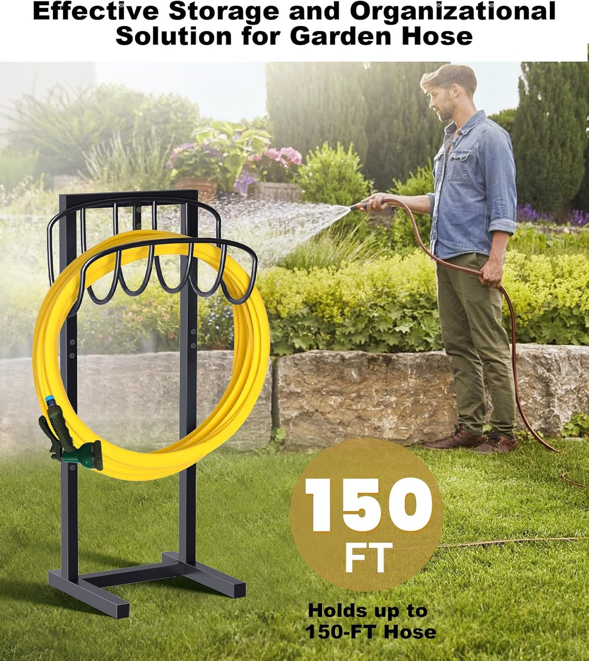 Outdoor Garden Hose Holder Freestanding with Brass Faucet And 4 Spikes, Heavy Duty Metal Water Hose Reel Stand Hanger Rack Organizer Holds Storage 150ft Hose for Outside Yard Lawn, Black