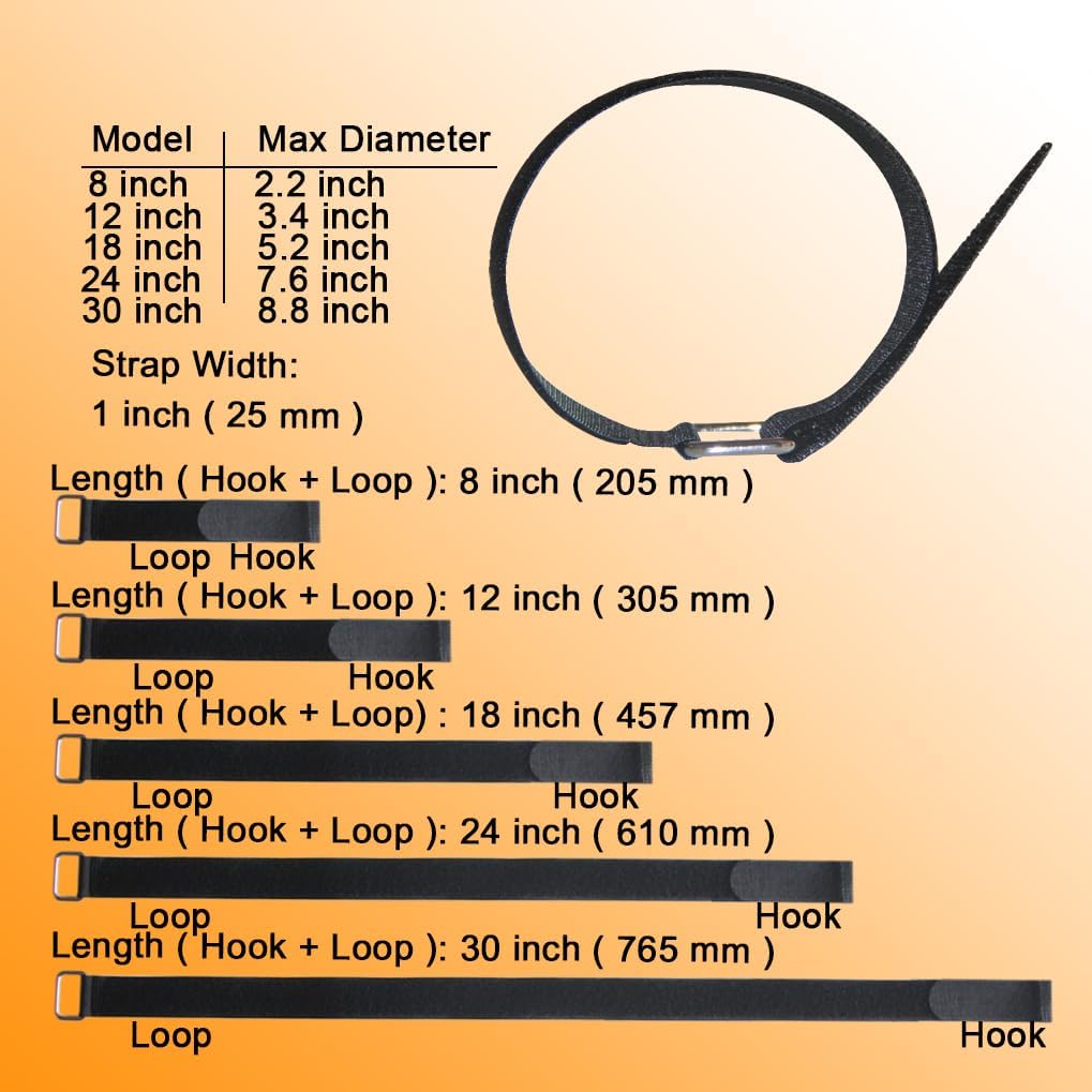 24 inch Hook and Loop Cable Strap - Reusable Fastening Strap - 12 PACK 1 inch Wide Nylon Cable Cinch Wrap