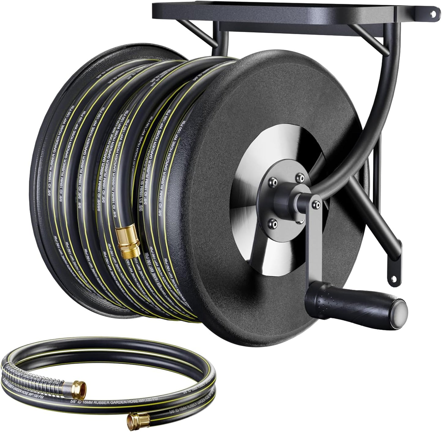 Heavy Duty Metal Garden Hose Reel Wall Mounted, Come with 130ft Rubber Garden Hose & 5ft Lead-in Hose, Brass Fittings, Easy Crank Handle, Weather Resistant