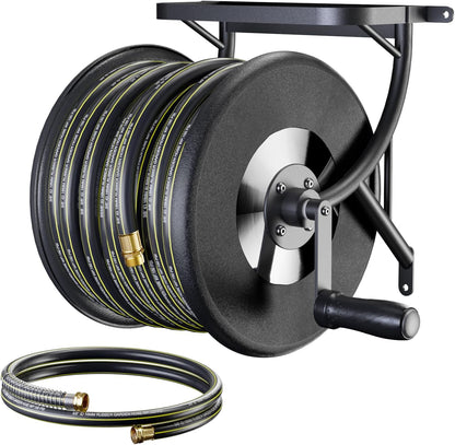 Heavy Duty Metal Garden Hose Reel Wall Mounted, Come with 130ft Rubber Garden Hose & 5ft Lead-in Hose, Brass Fittings, Easy Crank Handle, Weather Resistant