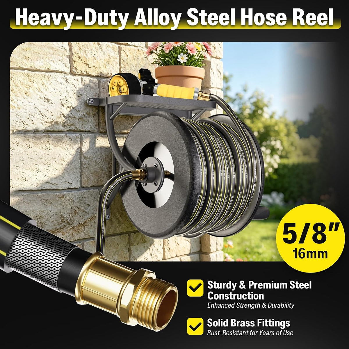 Heavy Duty Metal Garden Hose Reel Wall Mounted, Come with 130ft Rubber Garden Hose & 5ft Lead-in Hose, Brass Fittings, Easy Crank Handle, Weather Resistant