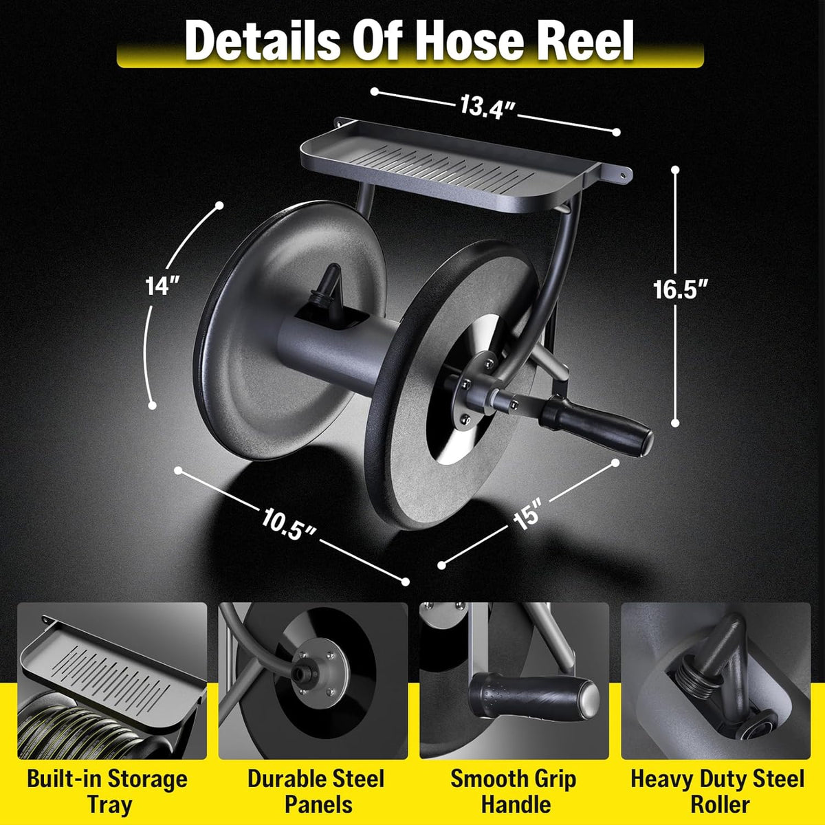 Heavy Duty Metal Garden Hose Reel Wall Mounted, Come with 130ft Rubber Garden Hose & 5ft Lead-in Hose, Brass Fittings, Easy Crank Handle, Weather Resistant