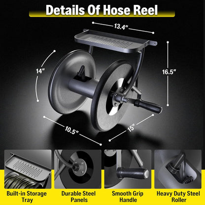 Heavy Duty Metal Garden Hose Reel Wall Mounted, Come with 130ft Rubber Garden Hose & 5ft Lead-in Hose, Brass Fittings, Easy Crank Handle, Weather Resistant